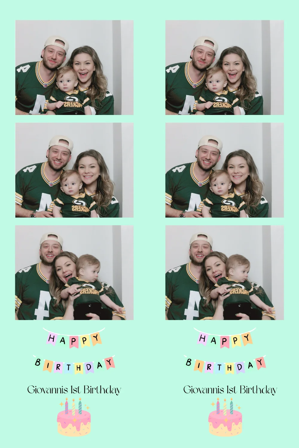Photo booth strip celebrating Giovannis first birthday with a family featuring a man, a woman, and a baby, all wearing green sports jerseys, with colorful birthday decorations and cake illustrations.