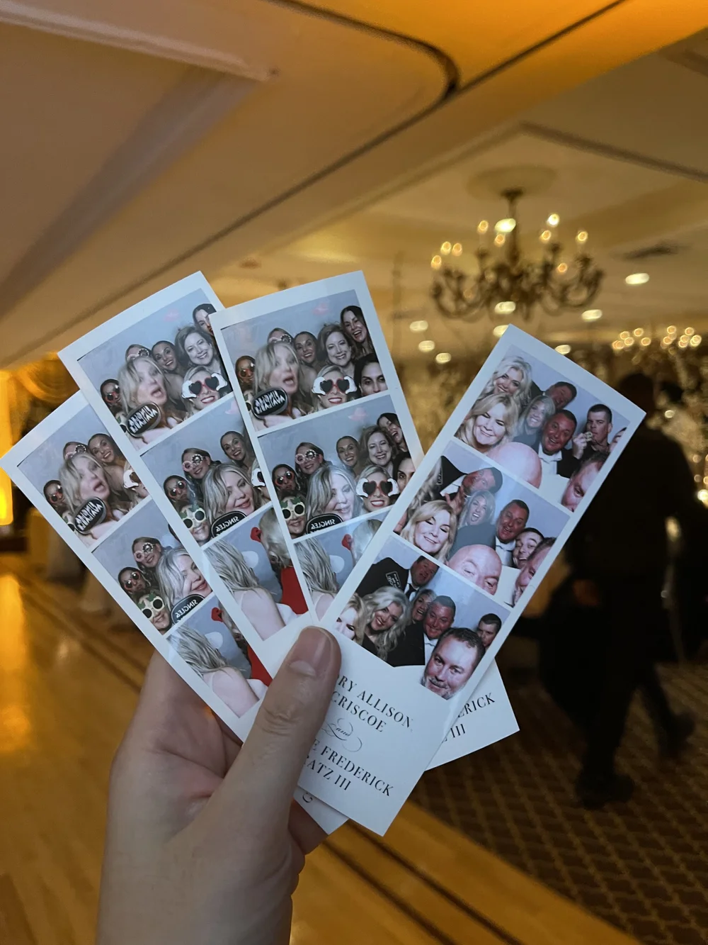 Photo booth strips showing group pictures of smiling people with fun props at a celebration or wedding.