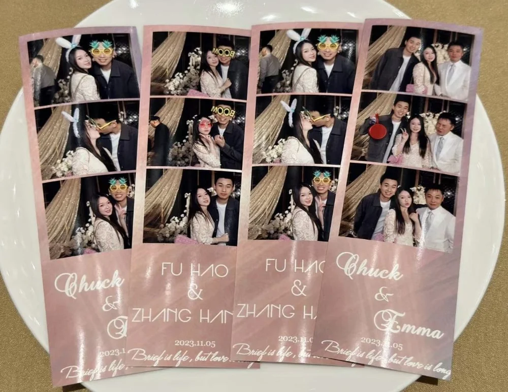 Photo booth pictures at a wedding with three scenes of couples and friends. The pictures feature playful props like bunny ears, sunglasses, and a red heart. The bottom text reads 'Chuck & Emma, 2023.11.05' and includes a quote about love.