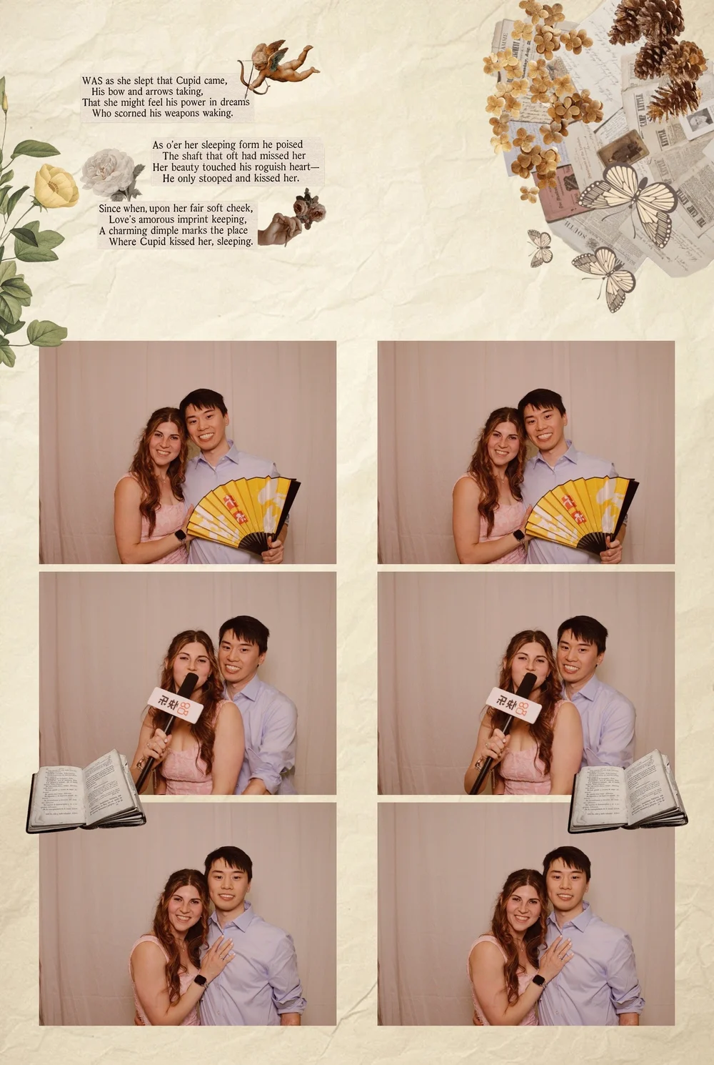 A collage of four photo booth pictures with a vintage floral background. In the first photo, a girl and a boy are smiling, holding a yellow fan. In the second photo, the girl and boy pose with a microphone. In the third, the girl and boy are close, w