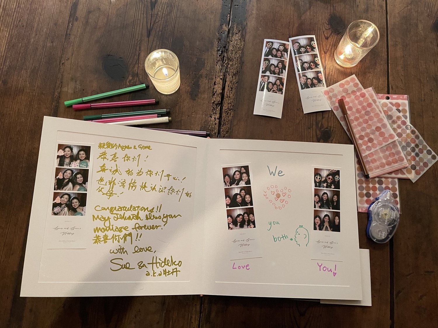 Wedding photo album with photo strips and handwritten messages
